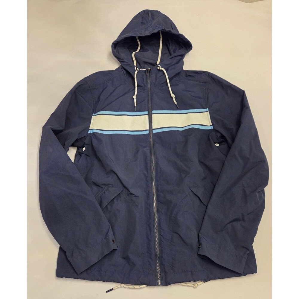 Faherty Surf Stripe Packable Jacket Mens Small Navy Hooded Full Zip Boat Yacht